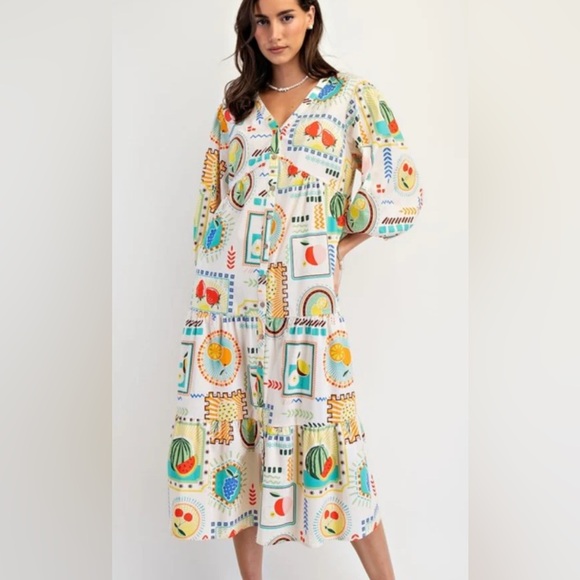 Easel Multicolor fruit pattern Long Sleeve Dress size 2x - Picture 1 of 7